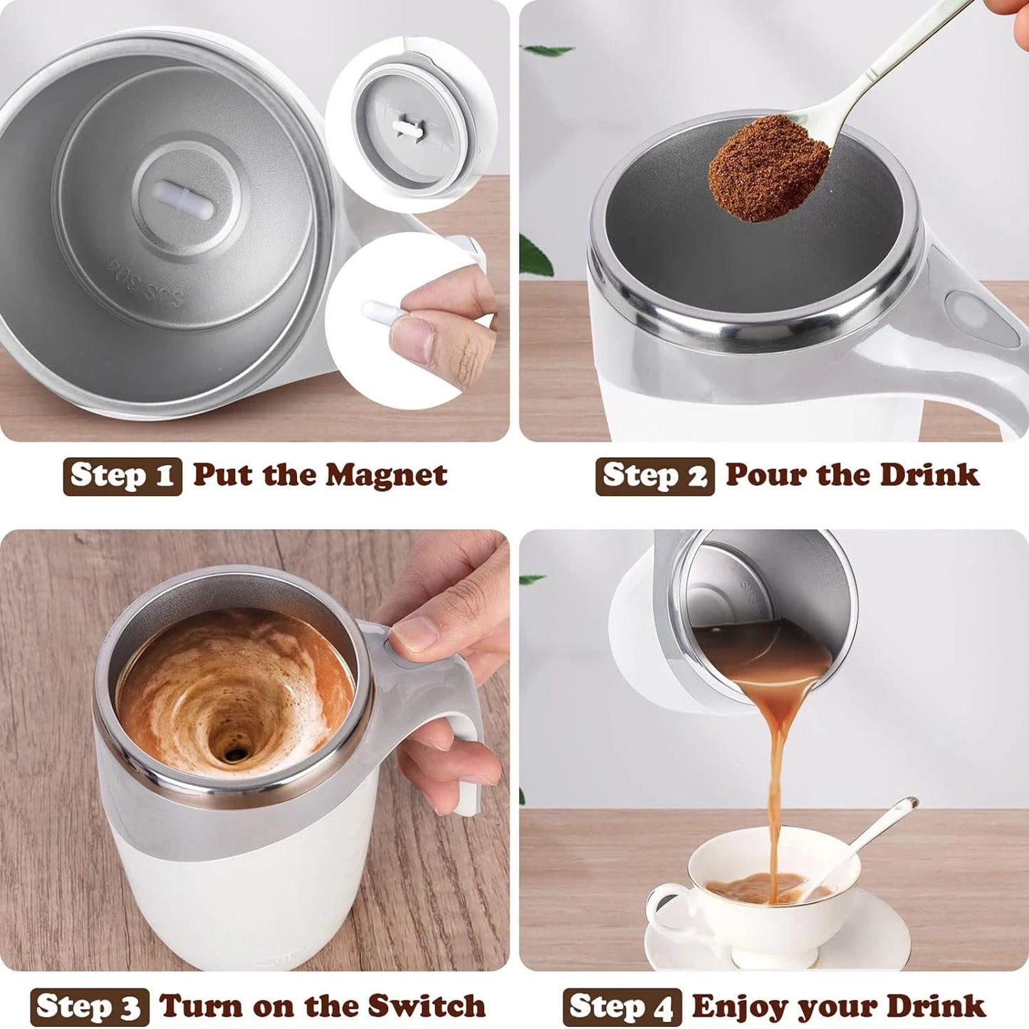 Tasse automélangeuse magnétique -rechargeable à piles