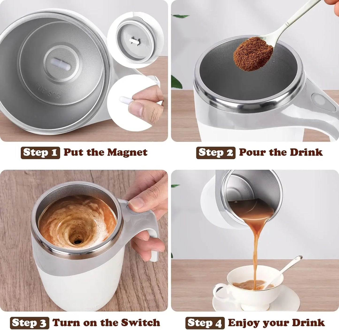 Tasse automélangeuse magnétique -rechargeable à piles