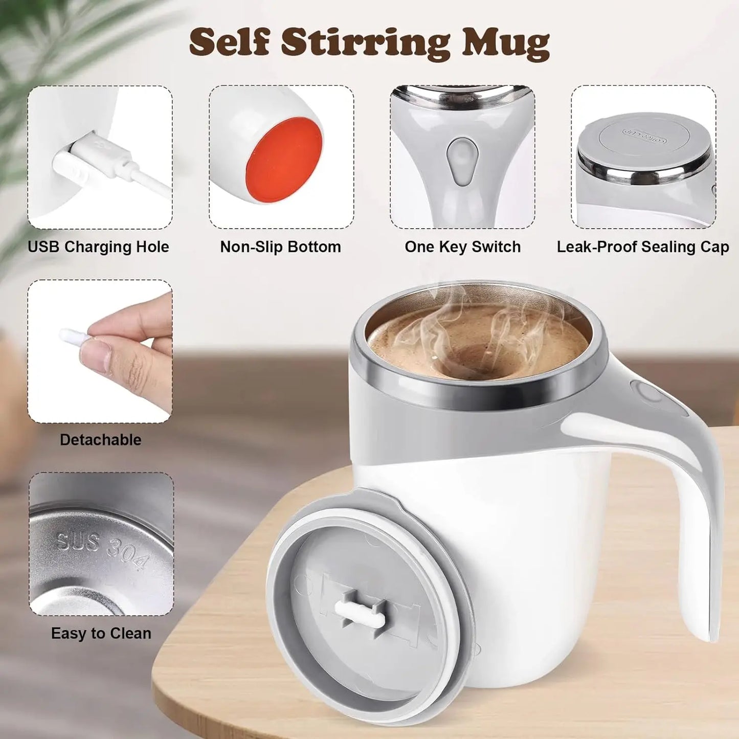 Tasse automélangeuse magnétique -rechargeable à piles